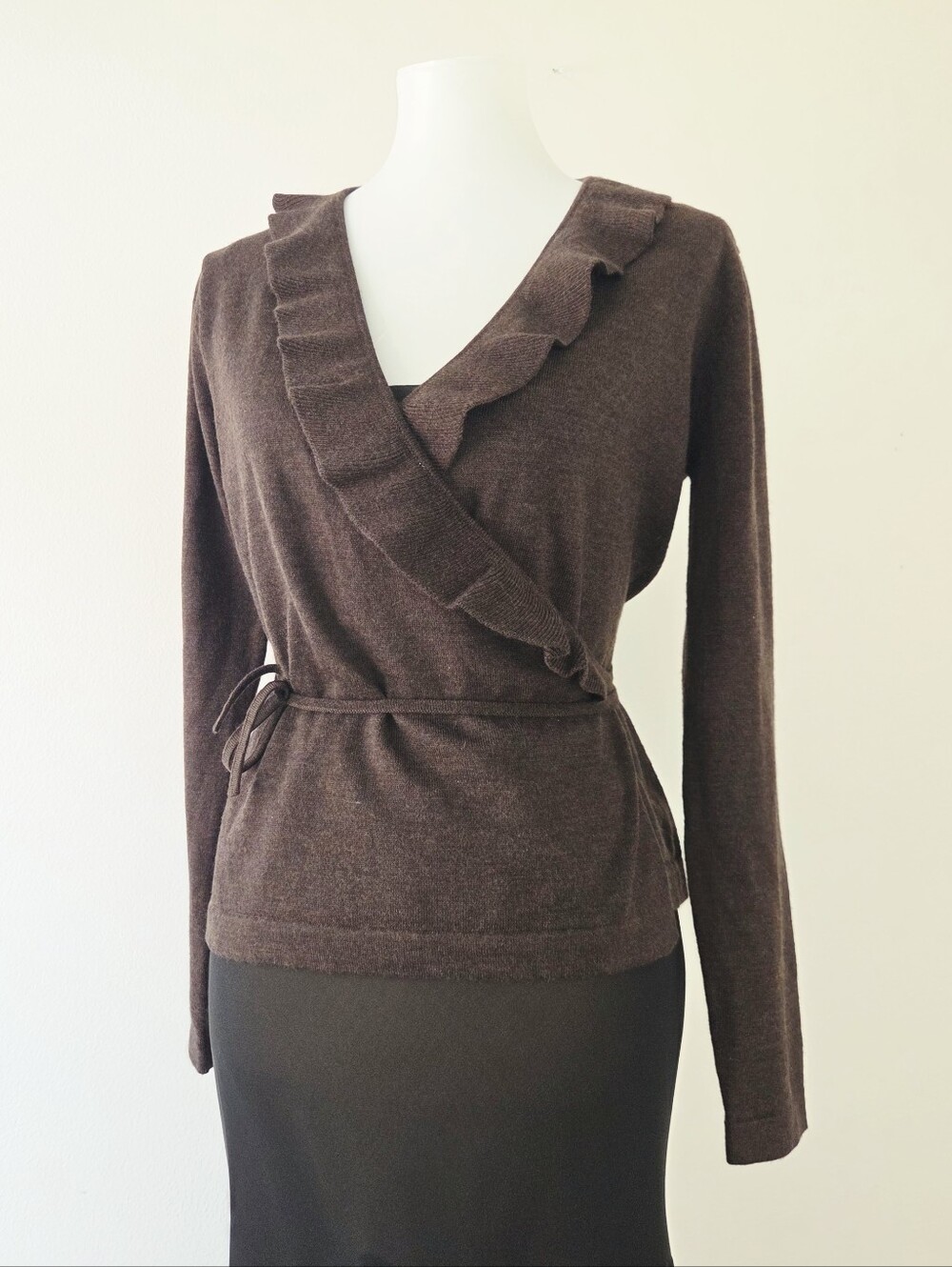 Brooks Brothers Wrap Sweater Brown Merino Wool Ruffle Size Small Feminine